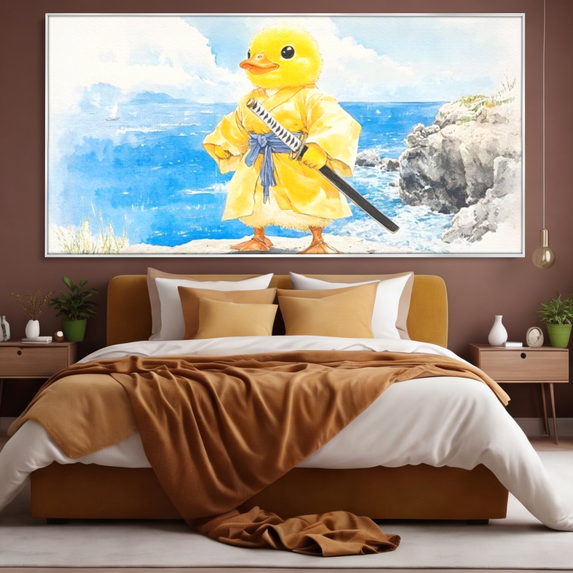 Tablou canvas cu rata samurai galben pe stanca, in rama de aluminiu argintiu, pe perete intr-un dormitor